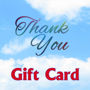 Blue Sky in background, the words Thank you in cursive in the middle and Gift card written along the bottom